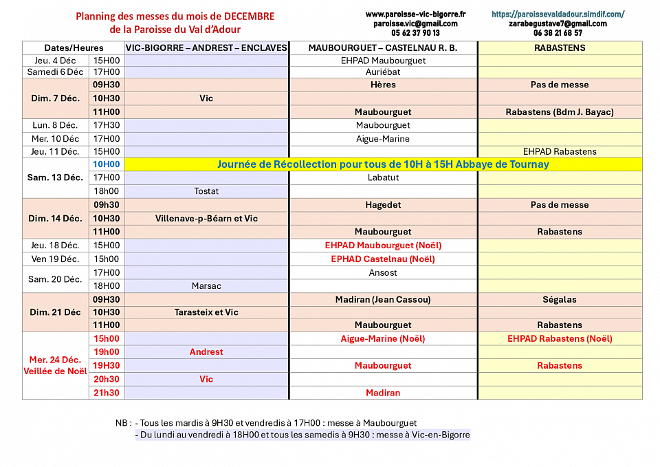 Horaire messe Maubourguet Rabastens Rivière Basse Vic en Bigorre