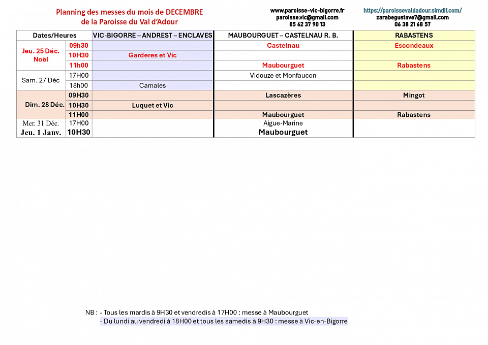 Horaire messes Maubourguet Rabastens Rivière Basse Vic